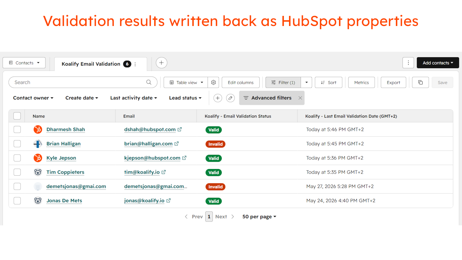 Validation results written back as HubSpot properties